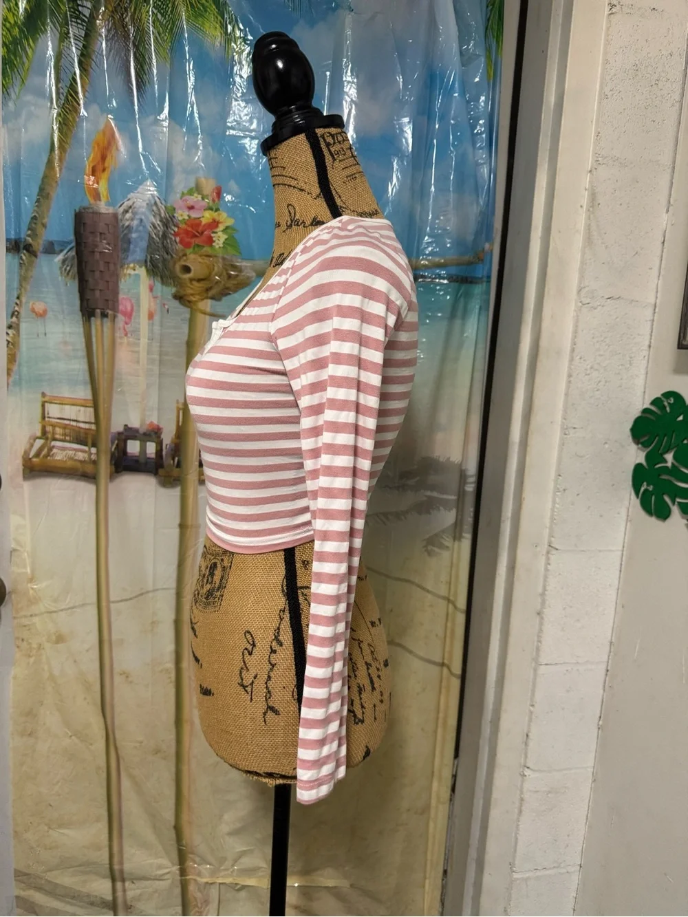 SHEIN Pink & White Striped V-Neck Long Sleeve Crop Top